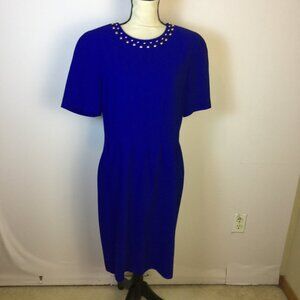 Point Of View Collection Sheath Dress Sz 12 Womans Blue Short Sleeve Pleated Vtg